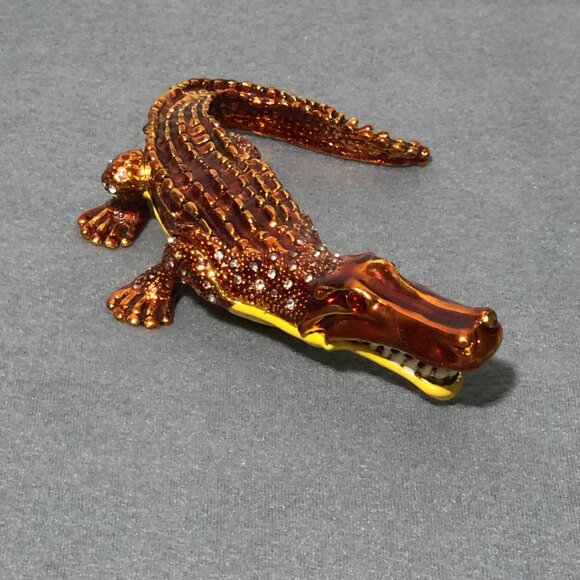Enameled Alligator Crocodile Trinket Box Rhinestone Hinged Bejeweled - Picture 5 of 13
